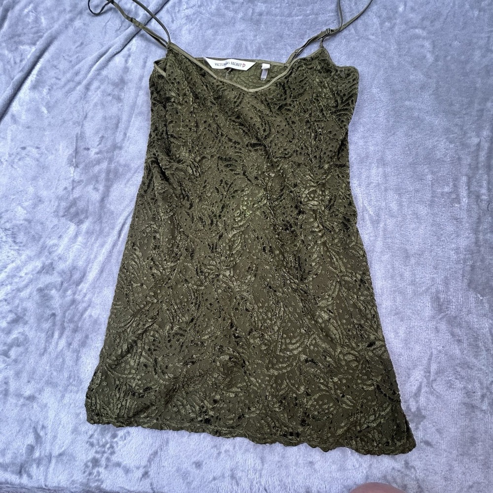 Y2K Victoria's Secret Olive Green Burnout Velvet Mini Slip Dress Cami Size M